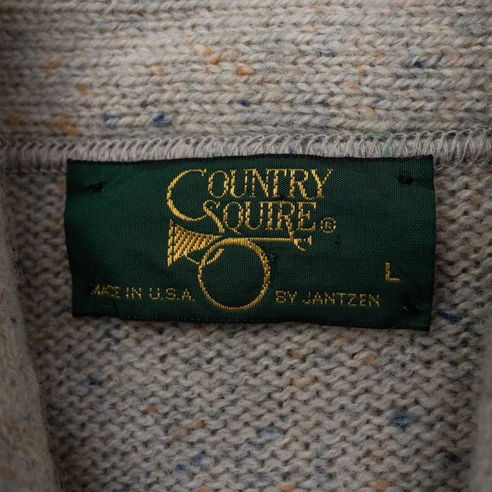 Vintage Country Squire Jantzen Shawl Collar Cable Knit Sweater Beige Mens Large